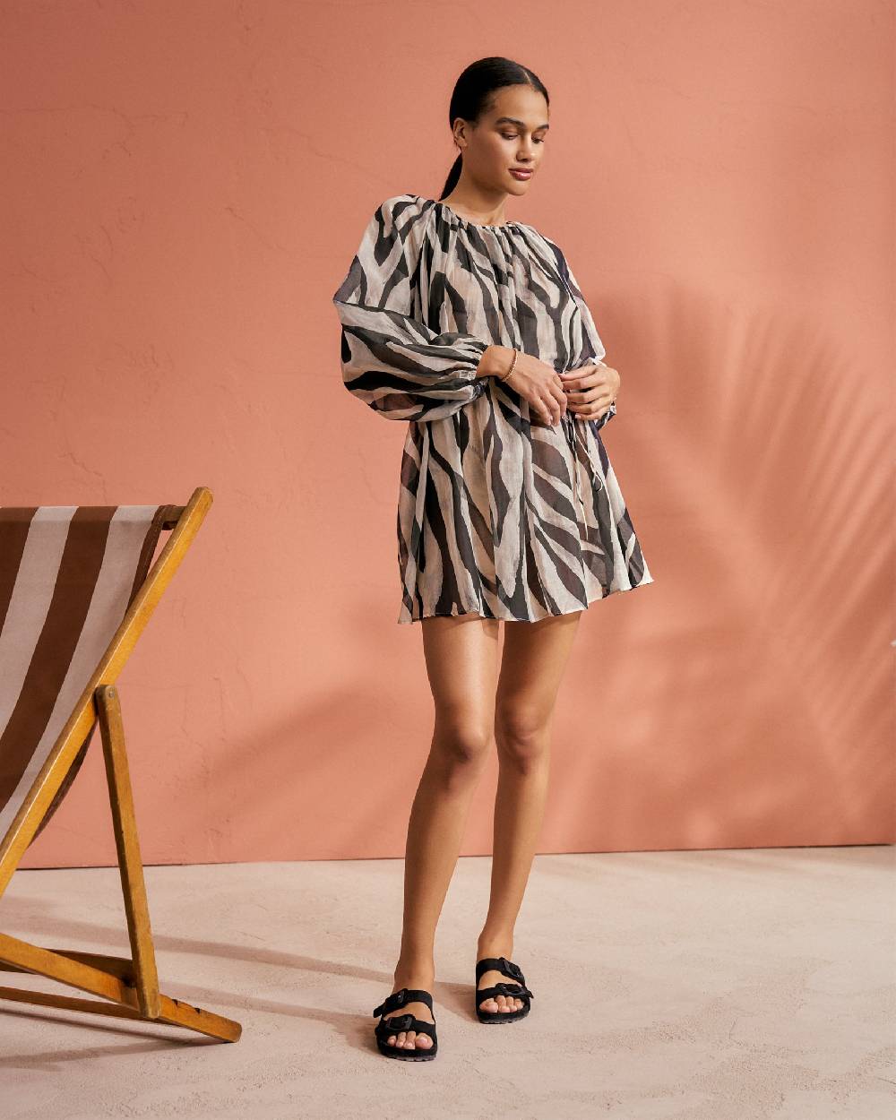 Manebí Printed Cotton Silk Voile|Minorca Dress - Slim Waist Tie Belt Black Off White Maxi Zebra