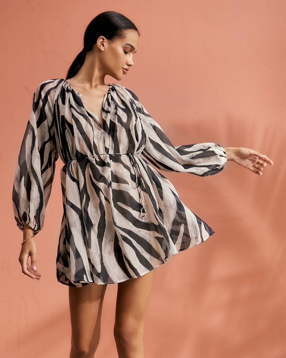 Manebí Printed Cotton Silk Voile|Minorca Dress - Slim Waist Tie Belt Black Off White Maxi Zebra