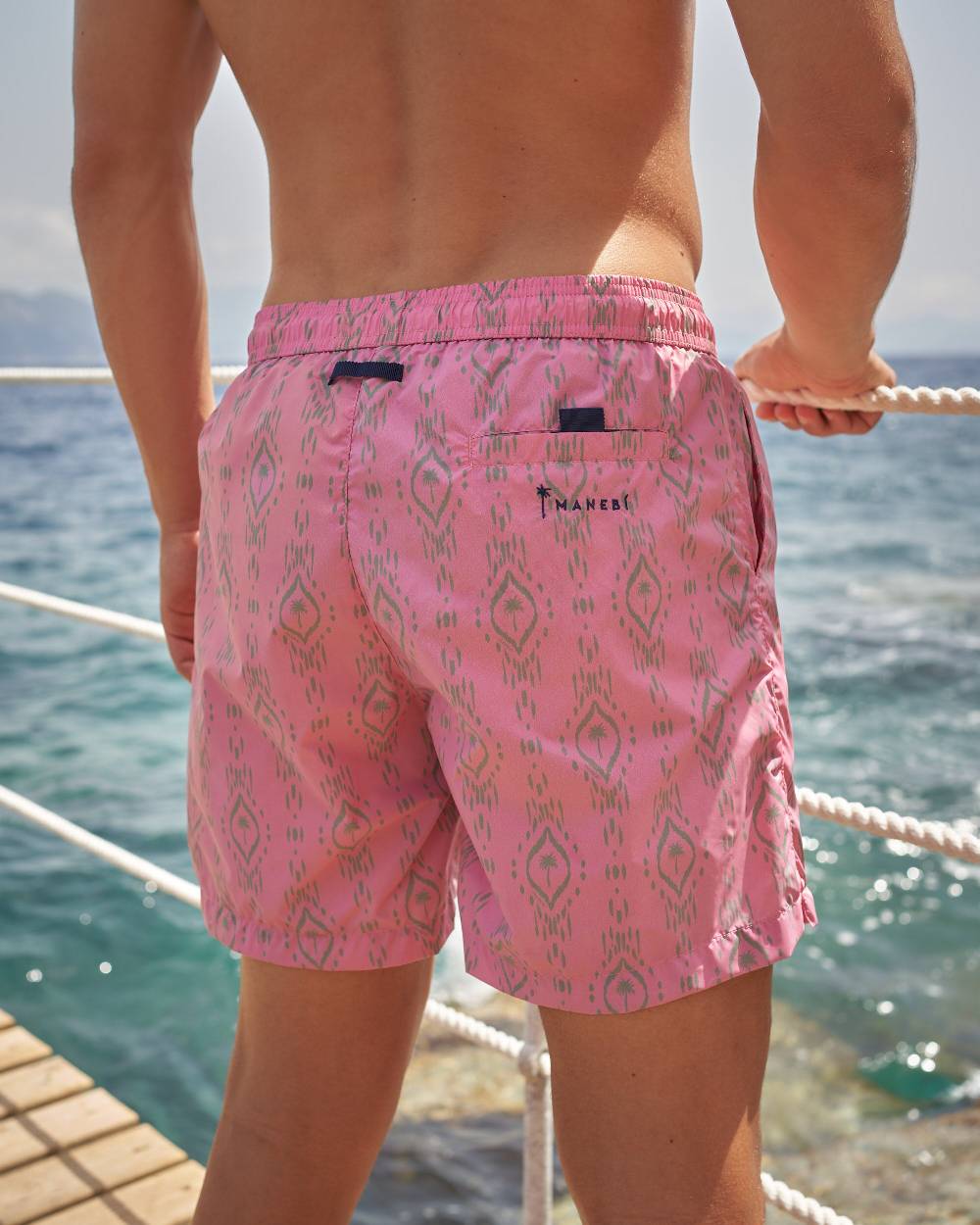Manebí Printed Ikat With Palm Swim Shorts - Recycled Ultra Light Antique Rose Kaki Ikat W Palm