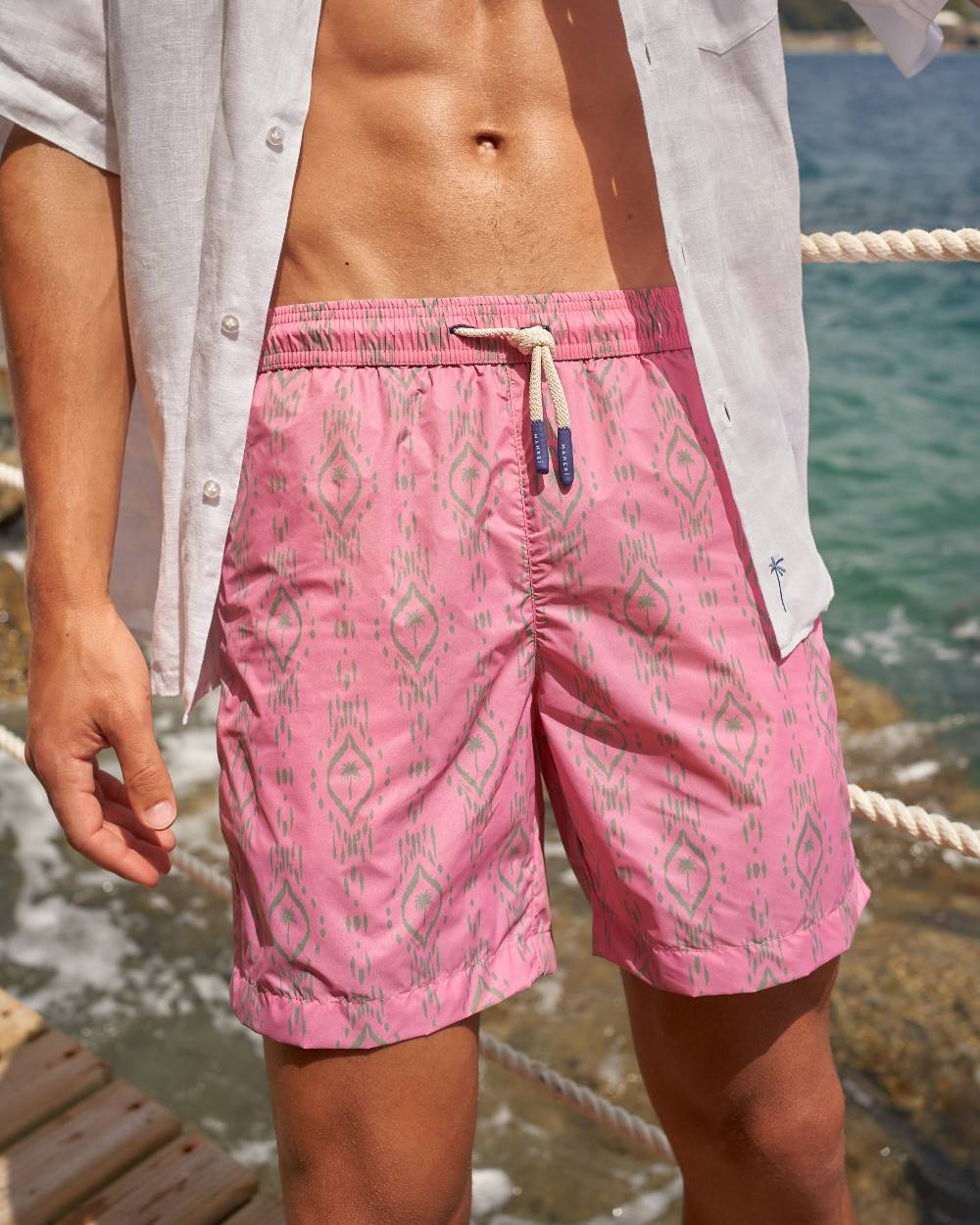 Manebí Printed Ikat With Palm Swim Shorts - Recycled Ultra Light Antique Rose Kaki Ikat W Palm