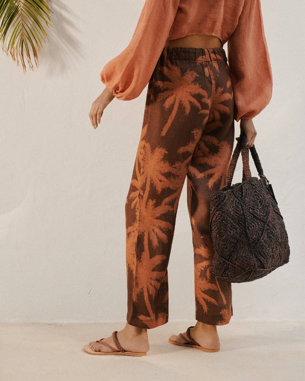 Manebí Printed Linen Belem Trousers - Cocoa And Orange Rust Maxi Palm