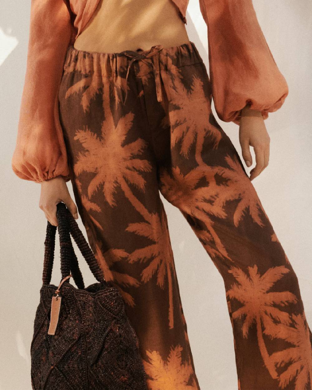 Manebí Printed Linen Belem Trousers - Cocoa And Orange Rust Maxi Palm