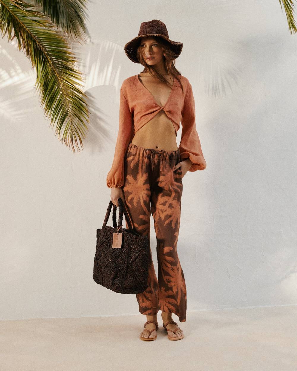 Manebí Printed Linen Belem Trousers - Cocoa And Orange Rust Maxi Palm