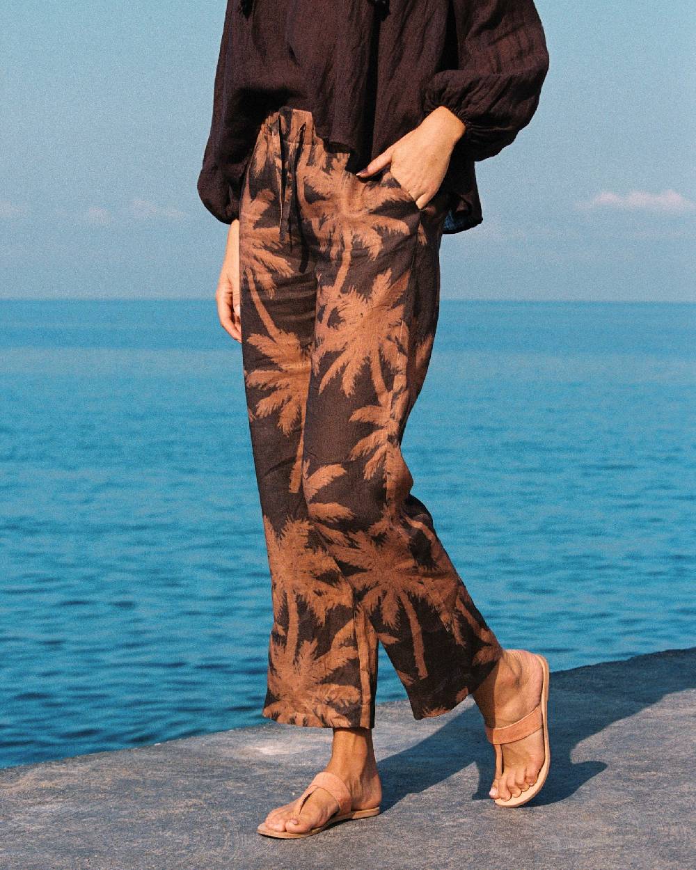 Manebí Printed Linen Belem Trousers - Cocoa And Orange Rust Maxi Palm