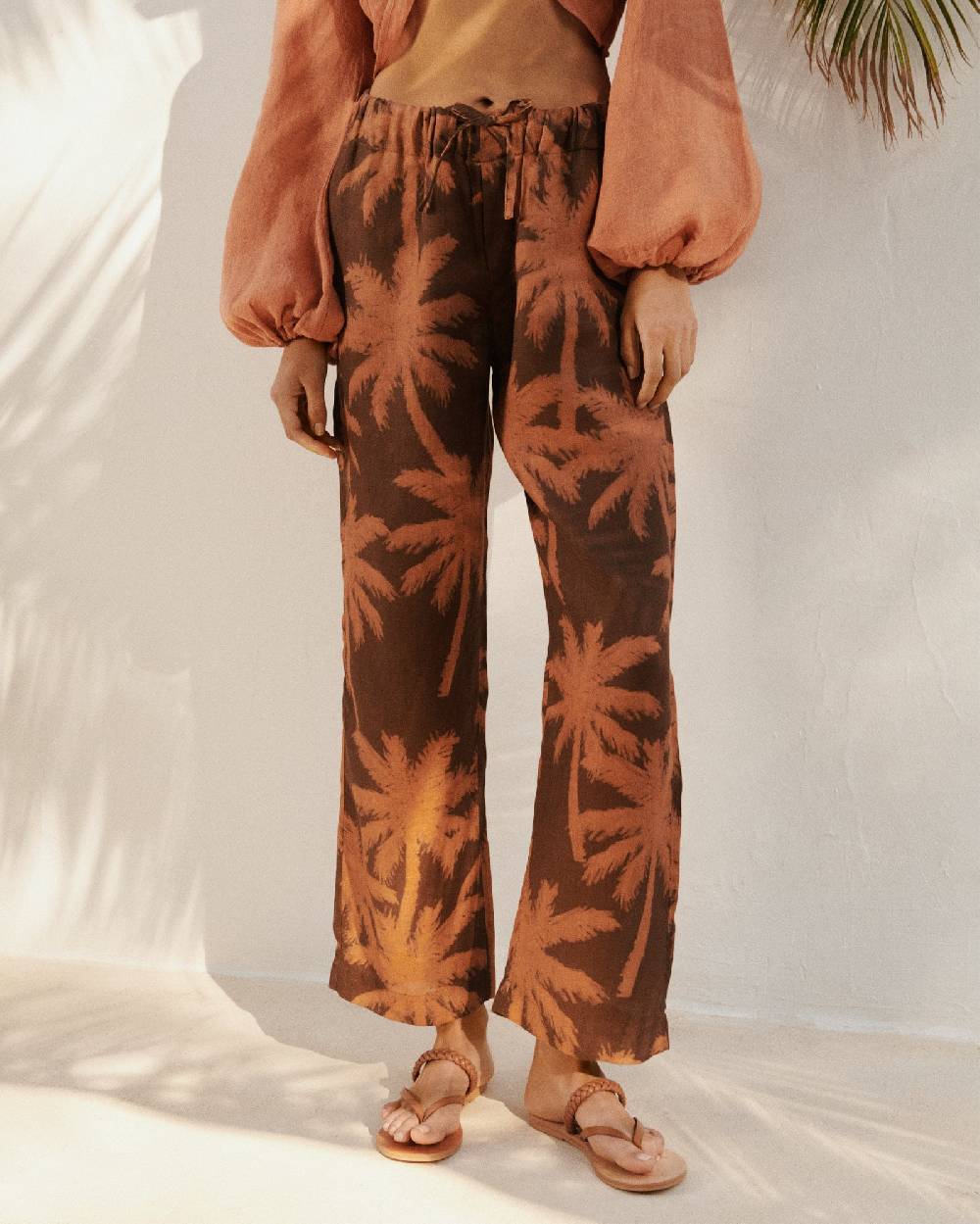 Manebí Printed Linen Belem Trousers - Cocoa And Orange Rust Maxi Palm