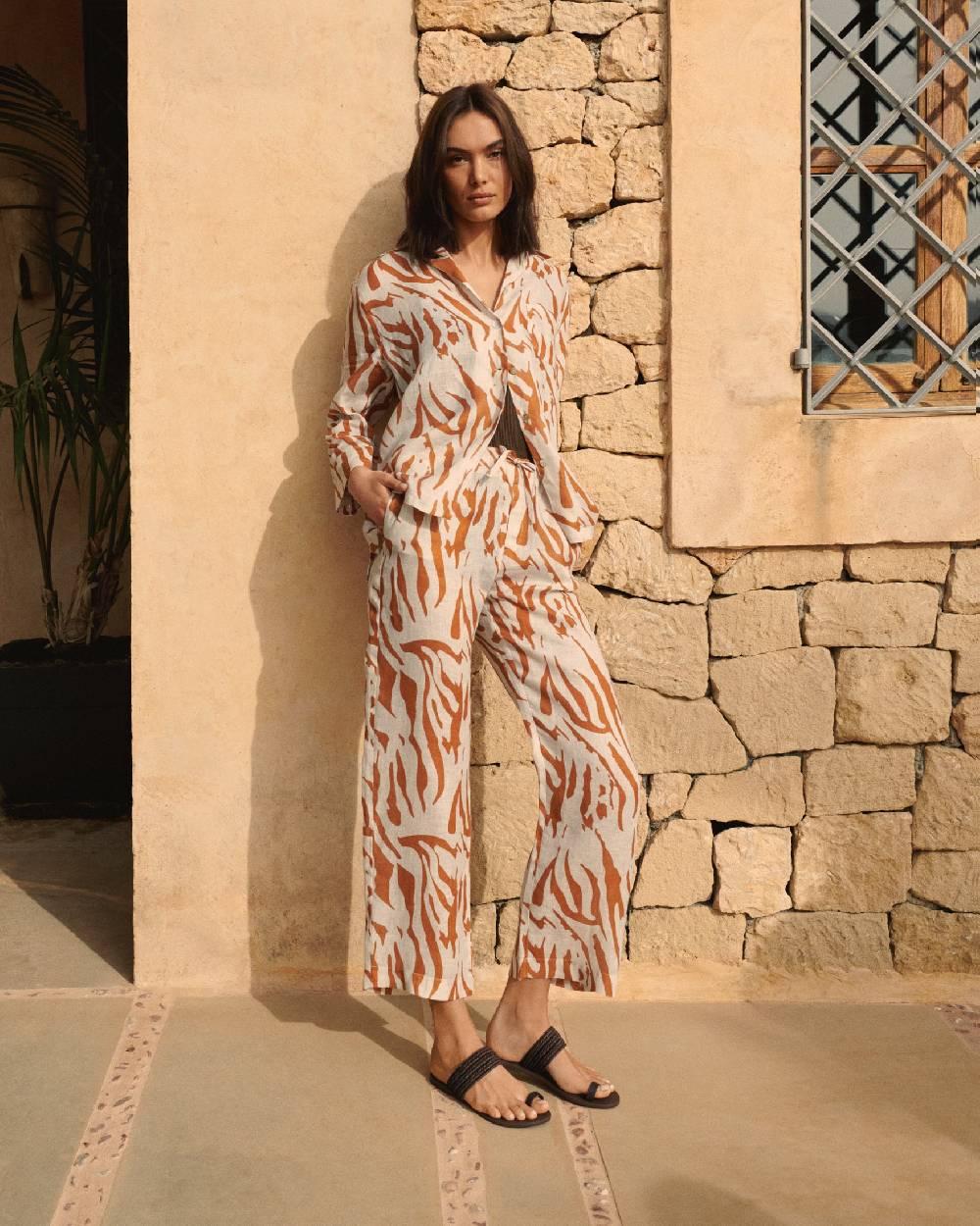 Manebí Printed Linen Belem Trousers - Eggnog \u0026 Orange Rust Zebra