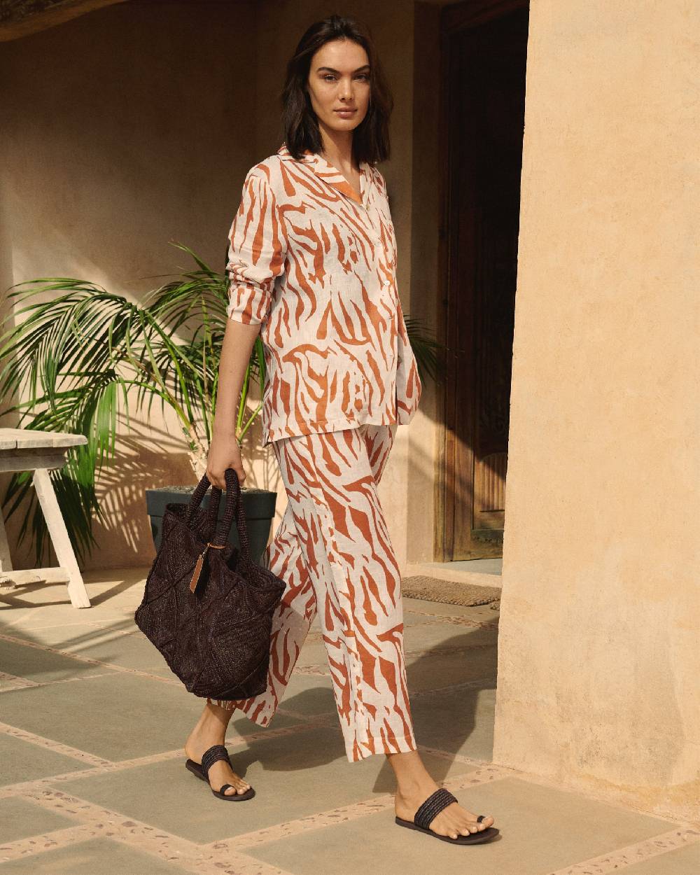Manebí Printed Linen Belem Trousers - Eggnog \u0026 Orange Rust Zebra