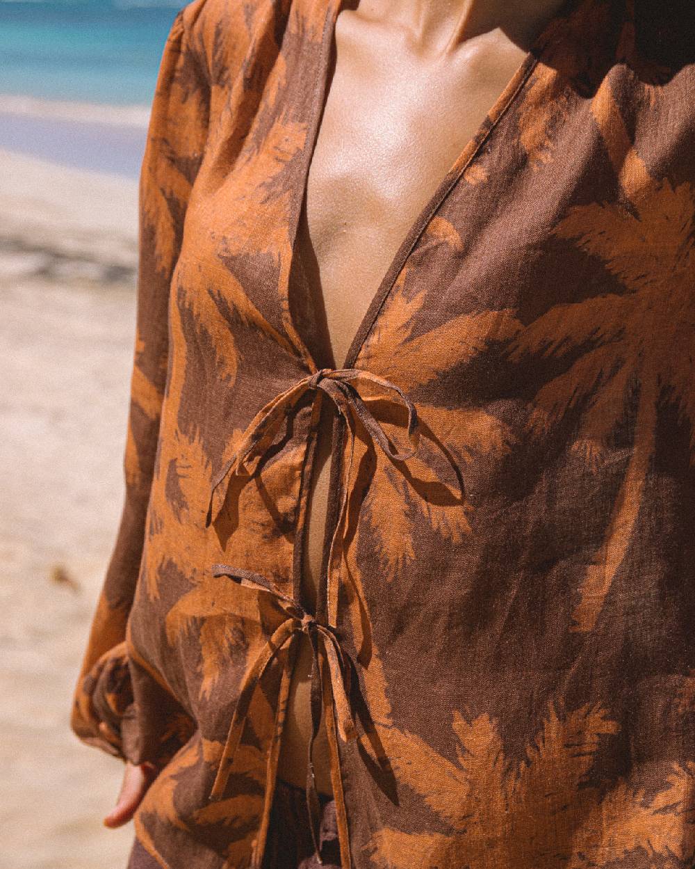 Manebí Printed Linen Cancun Shirt - Cocoa \u0026 Orange Rust Maxi Palm