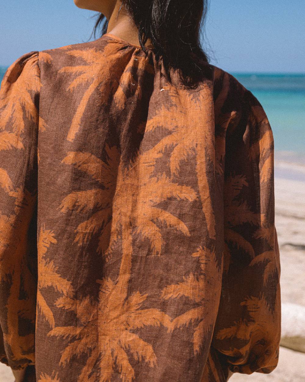 Manebí Printed Linen Cancun Shirt - Cocoa \u0026 Orange Rust Maxi Palm