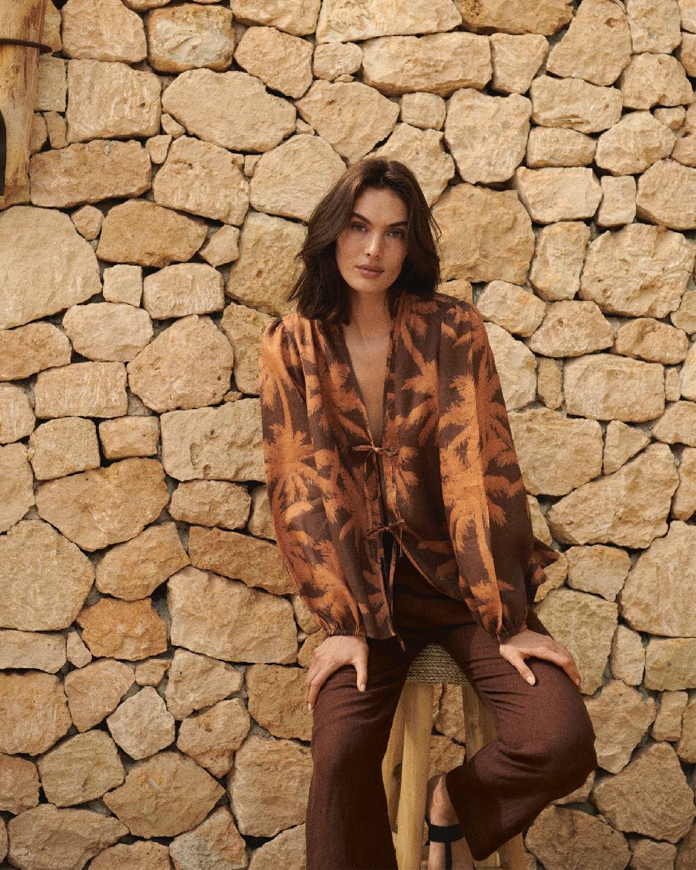 Manebí Printed Linen Cancun Shirt - Cocoa \u0026 Orange Rust Maxi Palm