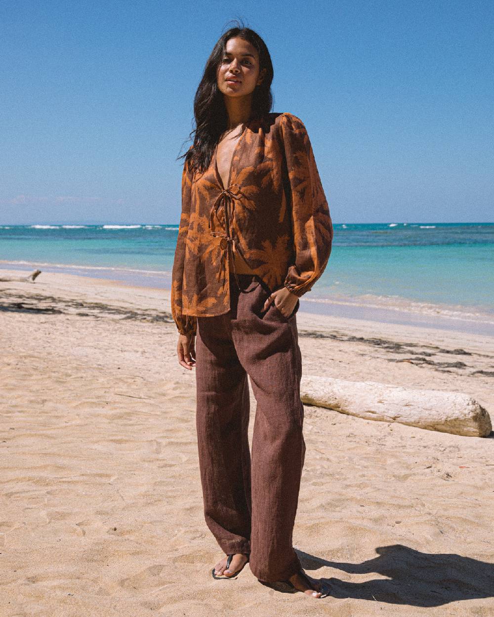 Manebí Printed Linen Cancun Shirt - Cocoa \u0026 Orange Rust Maxi Palm