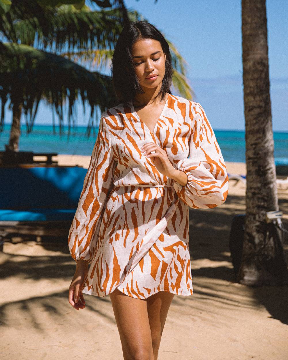 Manebí Printed Linen Caracas Dress - Eggnog \u0026 Orange Rust Zebra