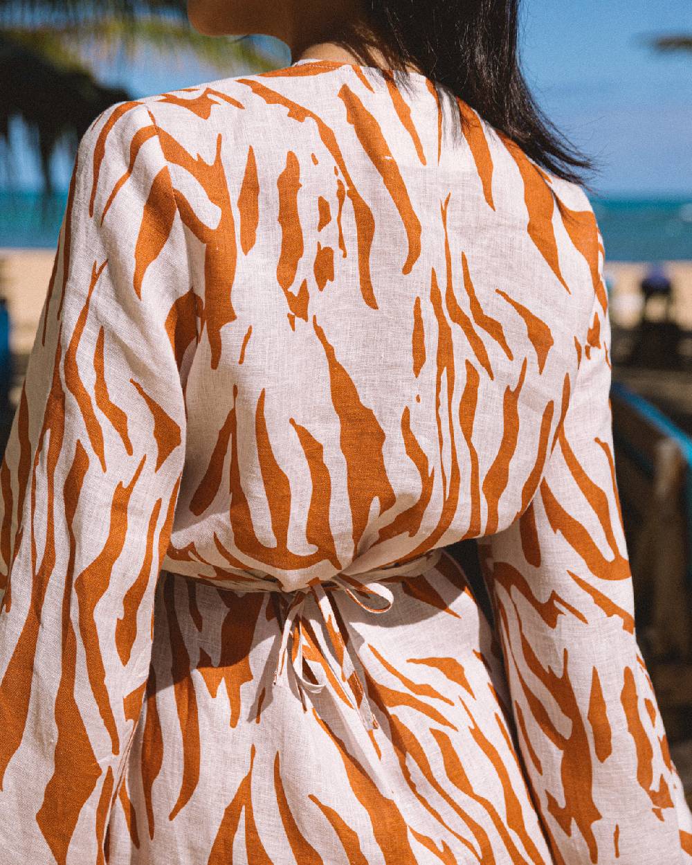 Manebí Printed Linen Caracas Dress - Eggnog \u0026 Orange Rust Zebra