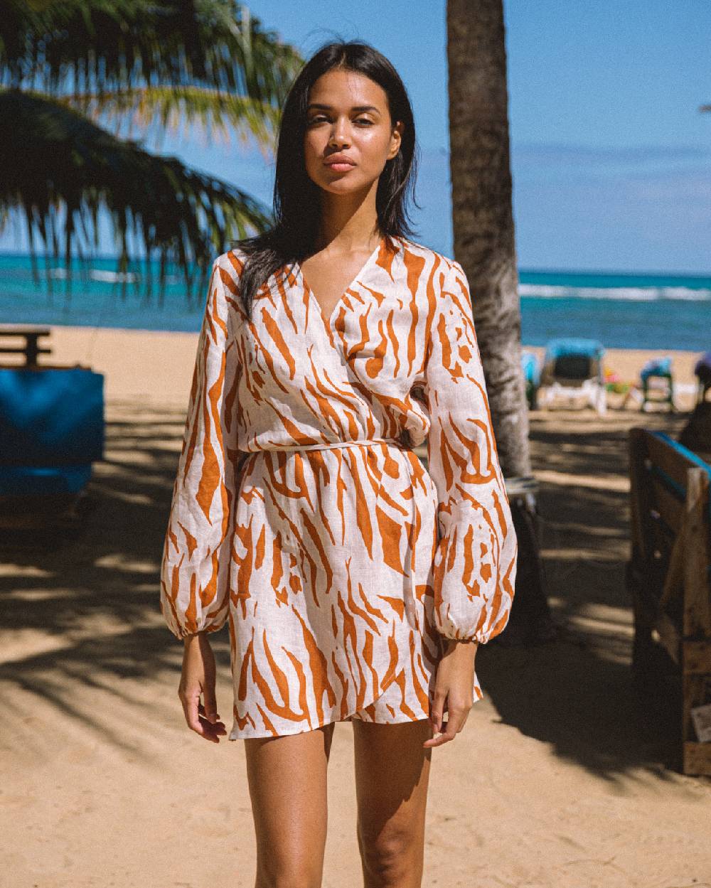 Manebí Printed Linen Caracas Dress - Eggnog \u0026 Orange Rust Zebra