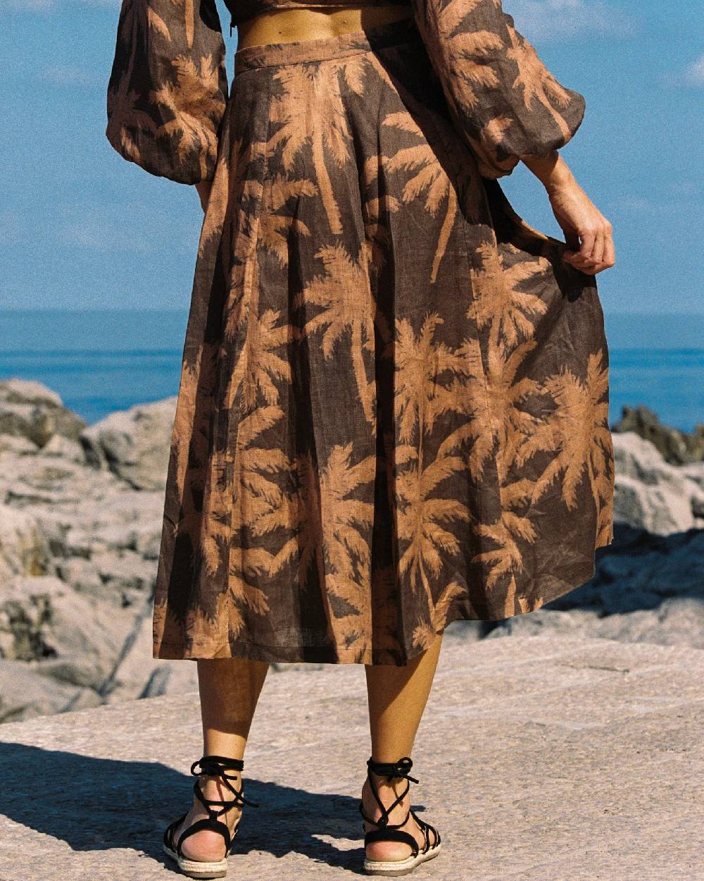 Manebí Printed Linen Cordoba Skirt - Cocoa And Orange Rust Maxi Palm