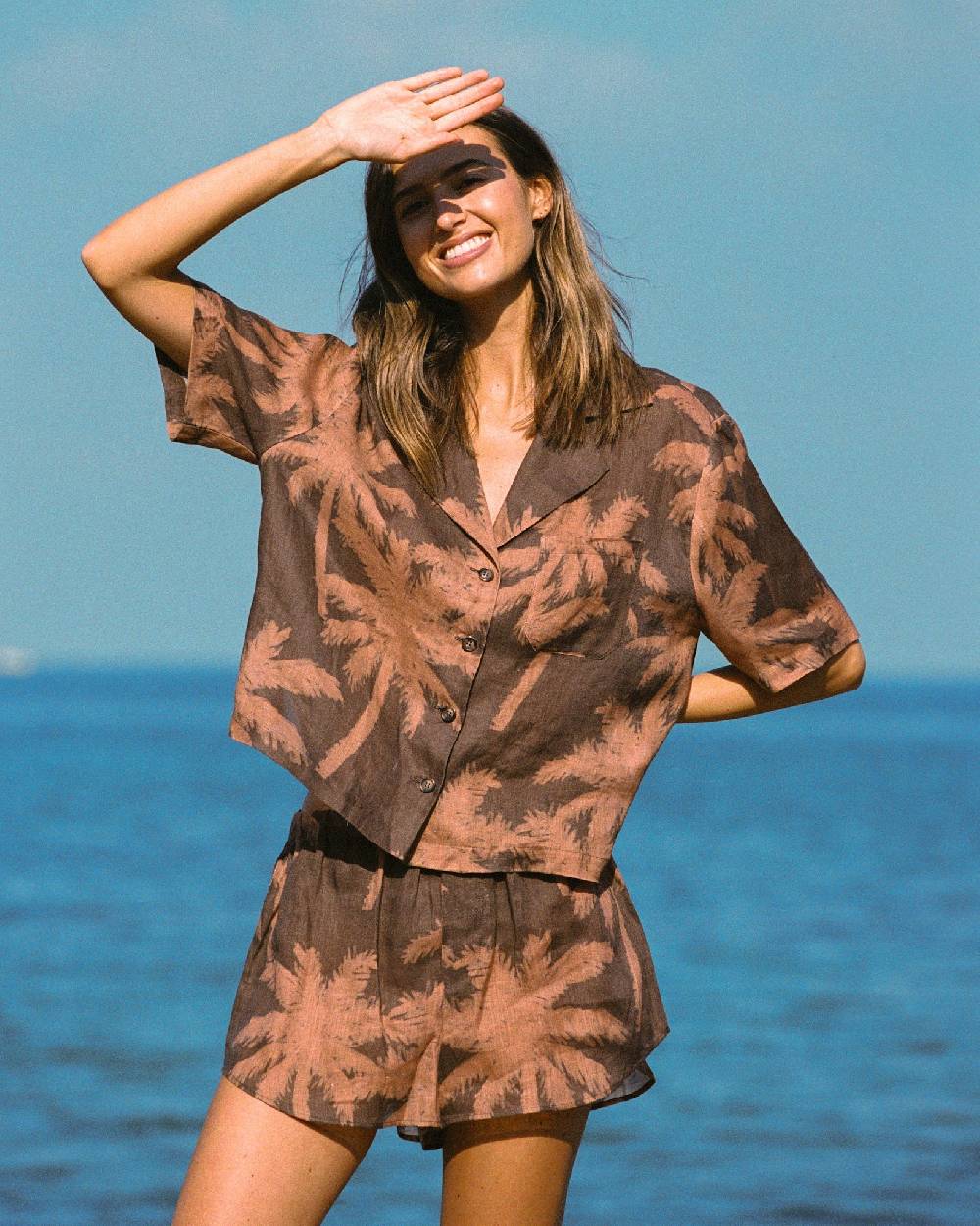 Manebí Printed Linen Cumana Shirt - Cocoa And Orange Rust Maxi Palm