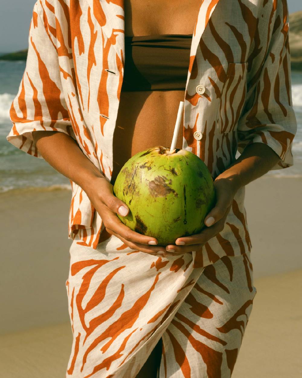 Manebí Printed Linen Cumana Shirt - Eggnog \u0026 Orange Rust Zebra