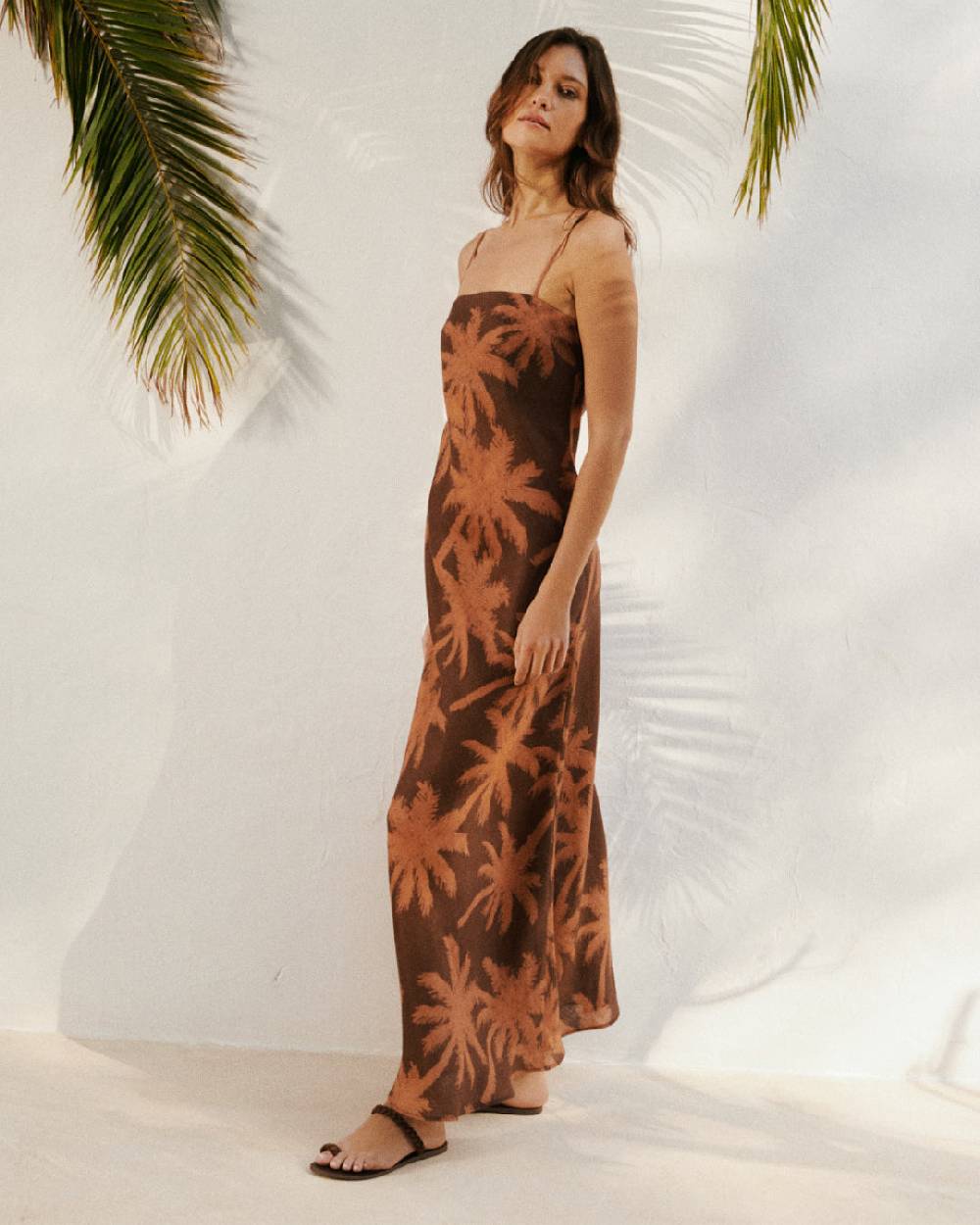 Manebí Printed Linen Cuzco Dress - Cocoa And Orange Rust Maxi Palm
