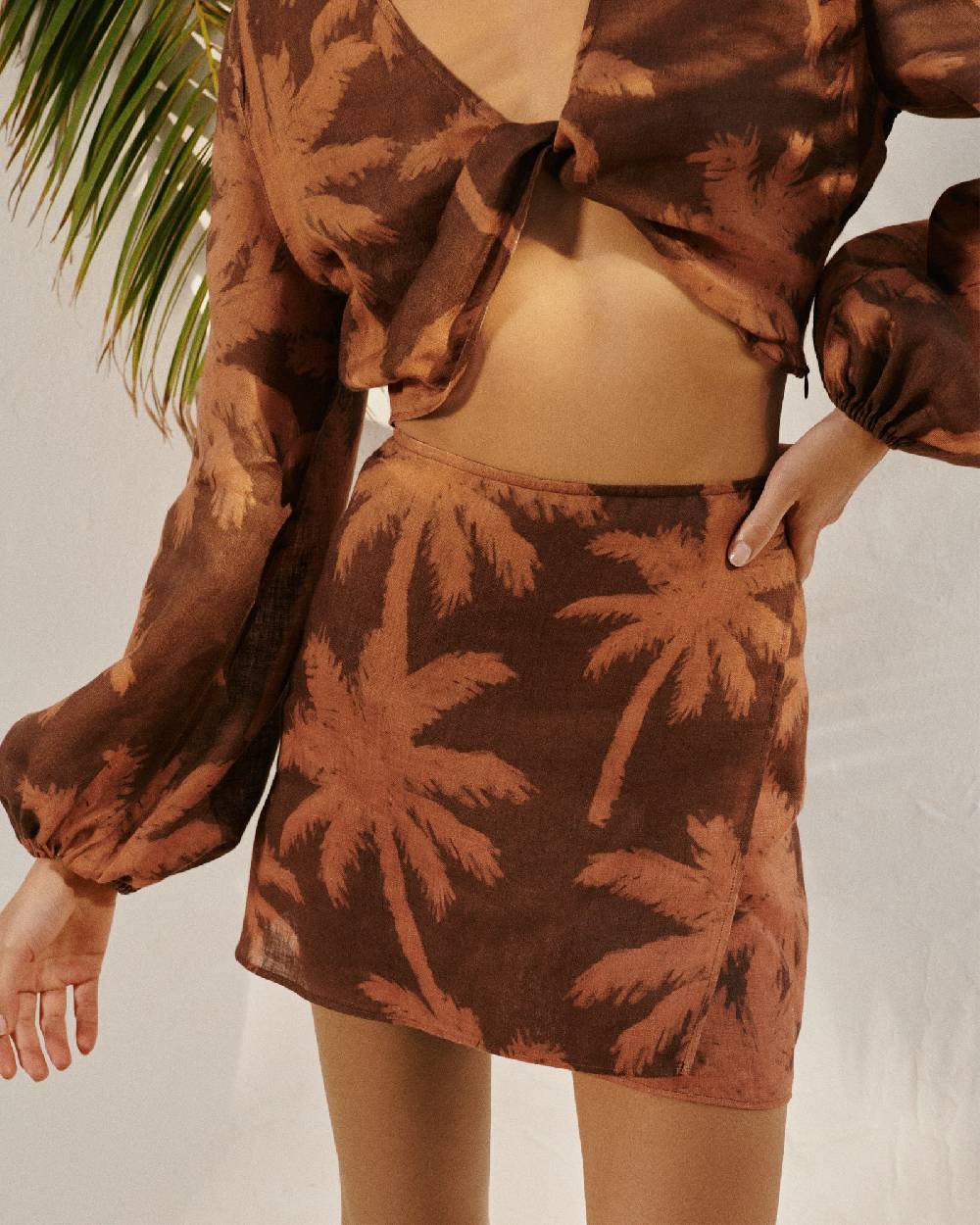 Manebí Printed Linen Posadas Skirt - Cocoa And Orange Rust Maxi Palm