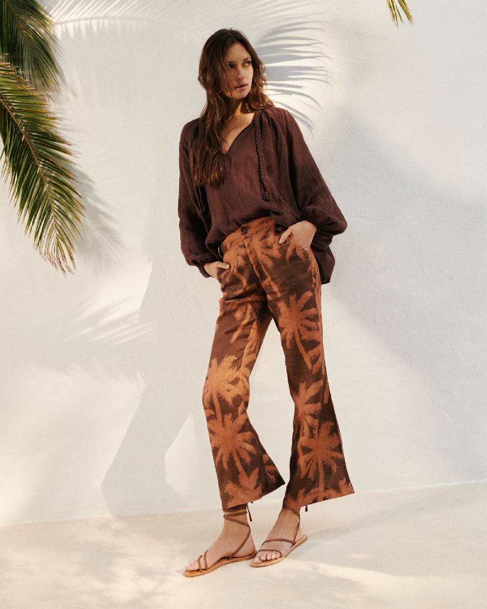 Manebí Printed Linen|Salamanca Trousers - Cocoa \u0026 Orange Rust Maxi Palm