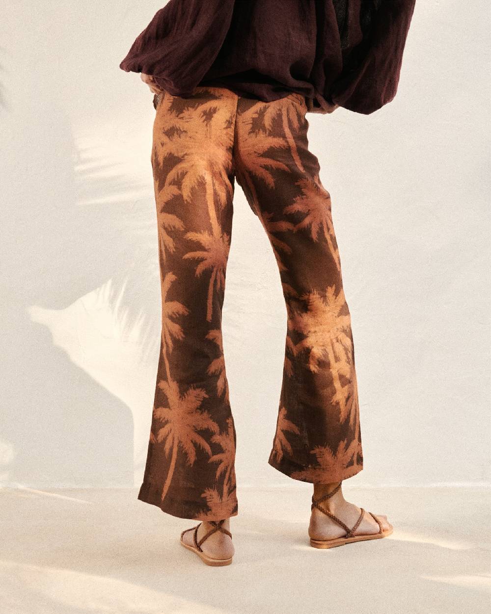 Manebí Printed Linen|Salamanca Trousers - Cocoa \u0026 Orange Rust Maxi Palm