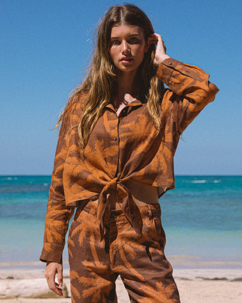 Manebí Printed Linen Santos Shirt - Cocoa \u0026 Orange Rust Maxi Palm