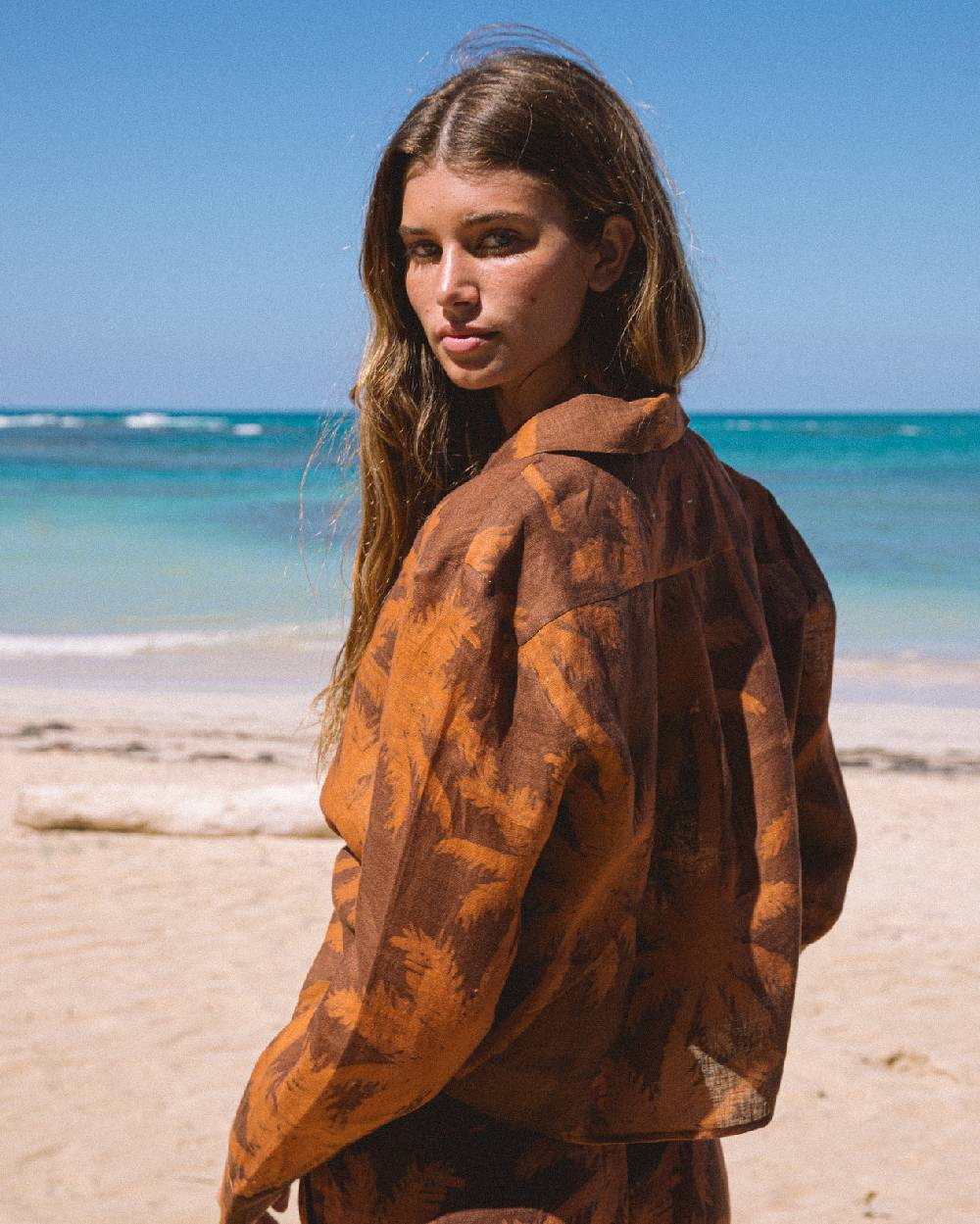 Manebí Printed Linen Santos Shirt - Cocoa \u0026 Orange Rust Maxi Palm