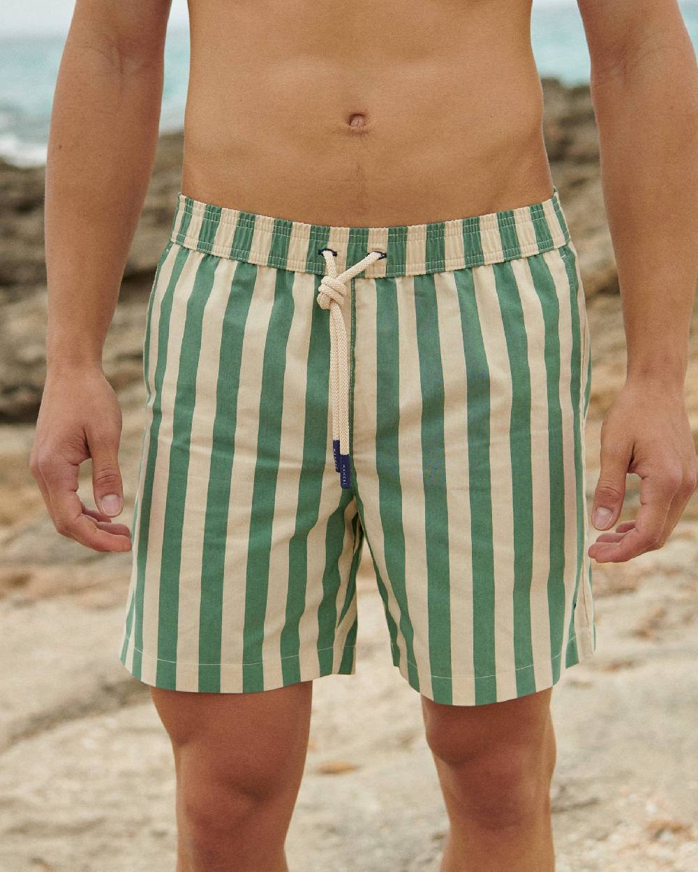 Manebí Printed Macro Stripes Swim Shorts - Kaki Green Macro Stripes