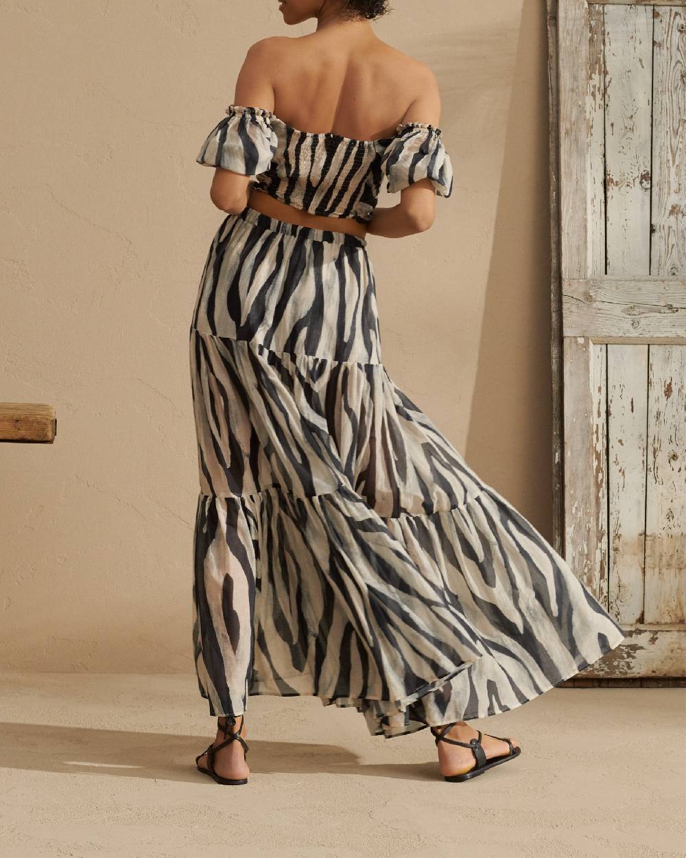 Manebí Printed Silk Cotton Cotton|Voile Recife Skirt - With Ruffles Black Off White Maxi Zebra