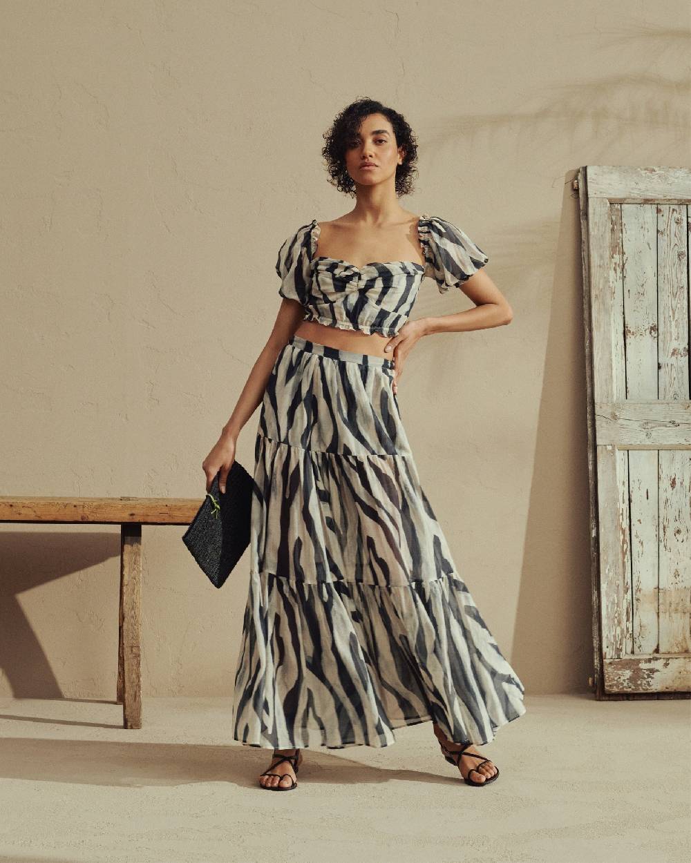 Manebí Printed Silk Cotton Cotton|Voile Recife Skirt - With Ruffles Black Off White Maxi Zebra