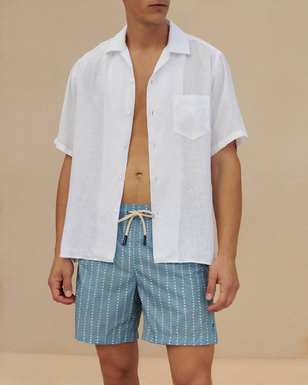 Manebí Printed Swim Shorts - Indigo With White Linear Triangles