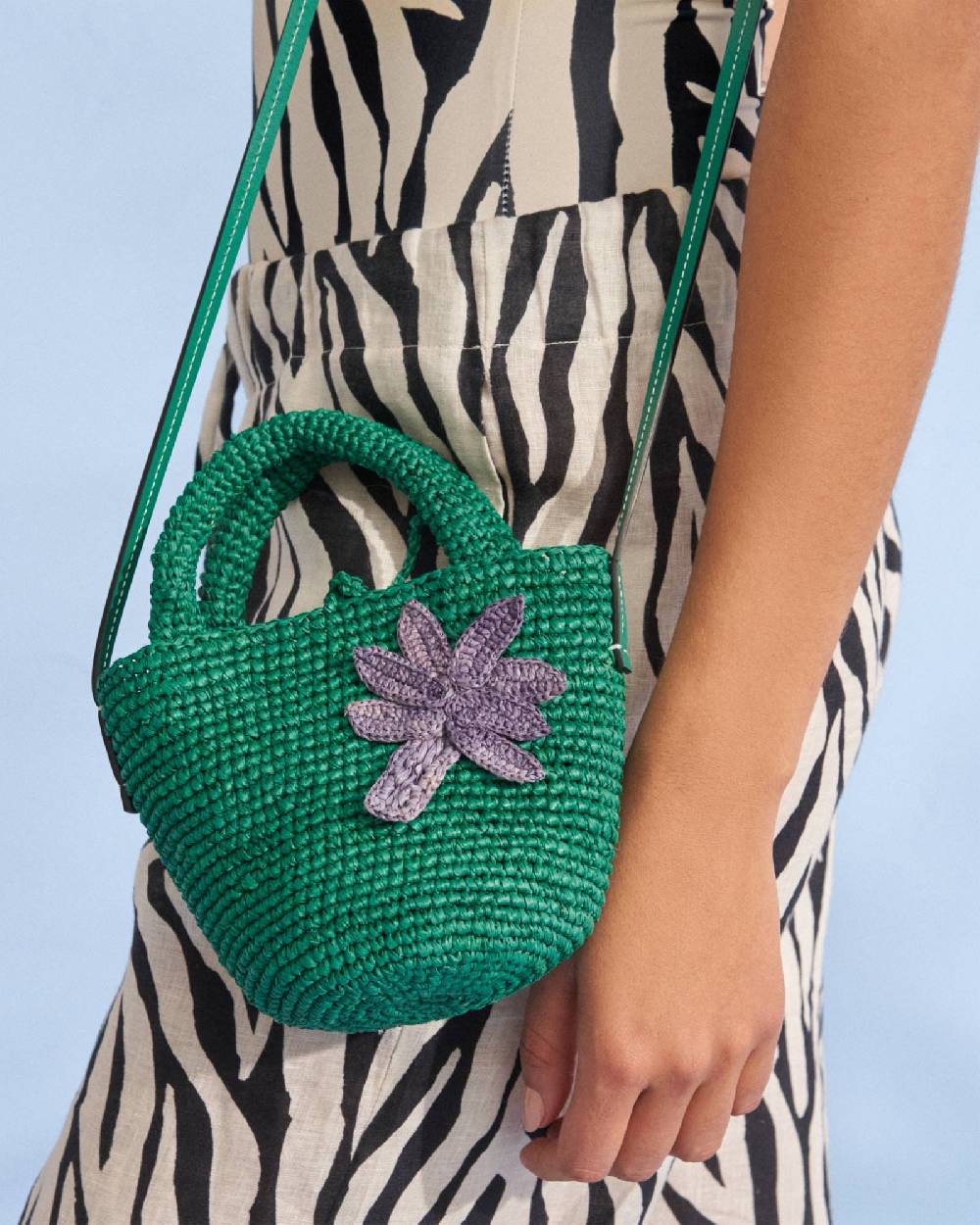 Manebí Raffia And Leather Summer Bag Mini - Cross-body Bag Vitamin Green With Palm