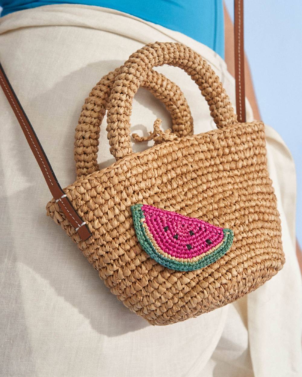 Manebí Raffia And Leather Summer Bag Mini - Cross-body Bag Tan With Watermelon