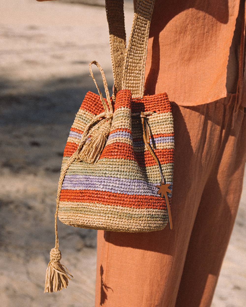 Manebí Raffia Beach Bucket - Rust Tan Mineral Green Summer Purple Stripes