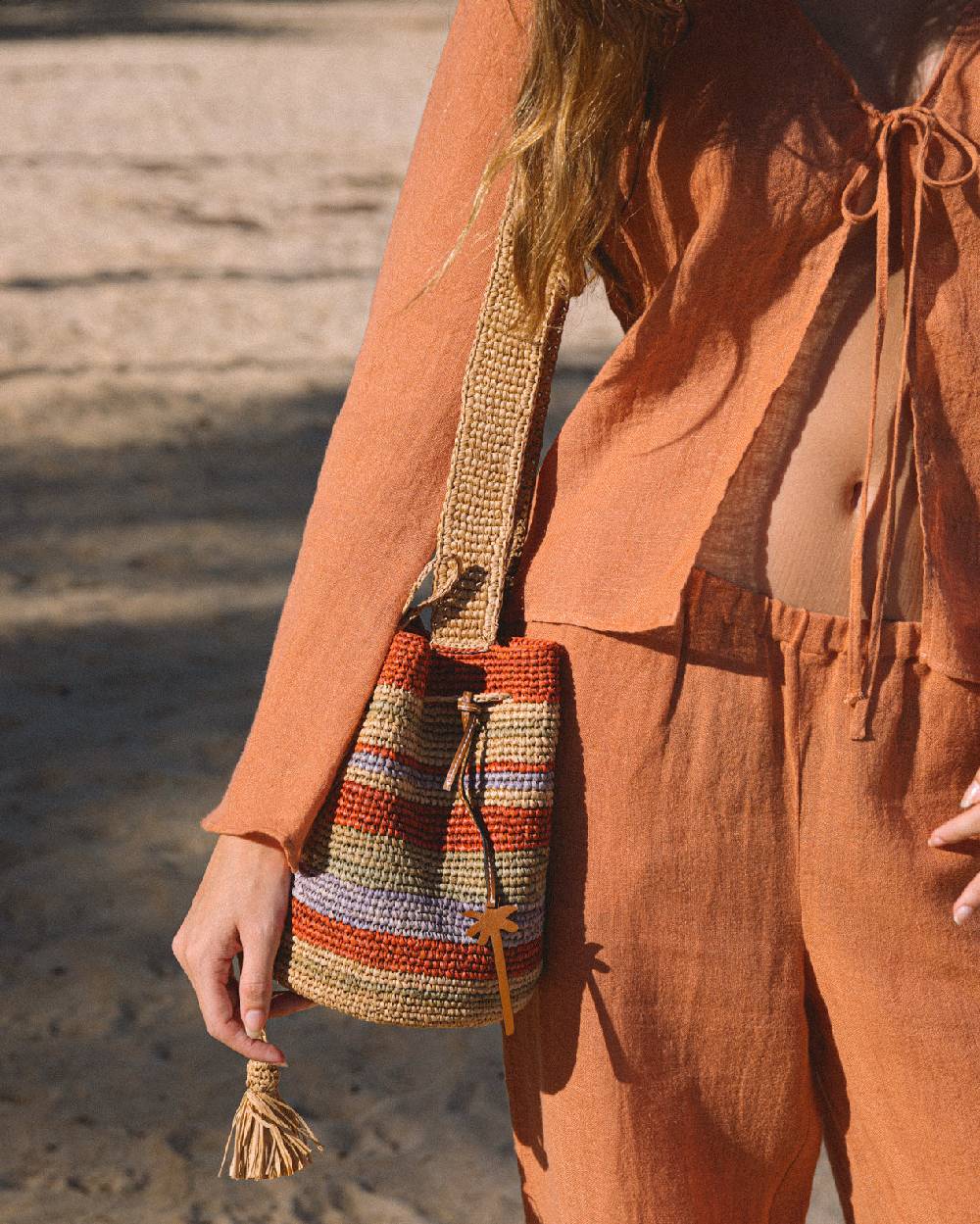 Manebí Raffia Beach Bucket - Rust Tan Mineral Green Summer Purple Stripes