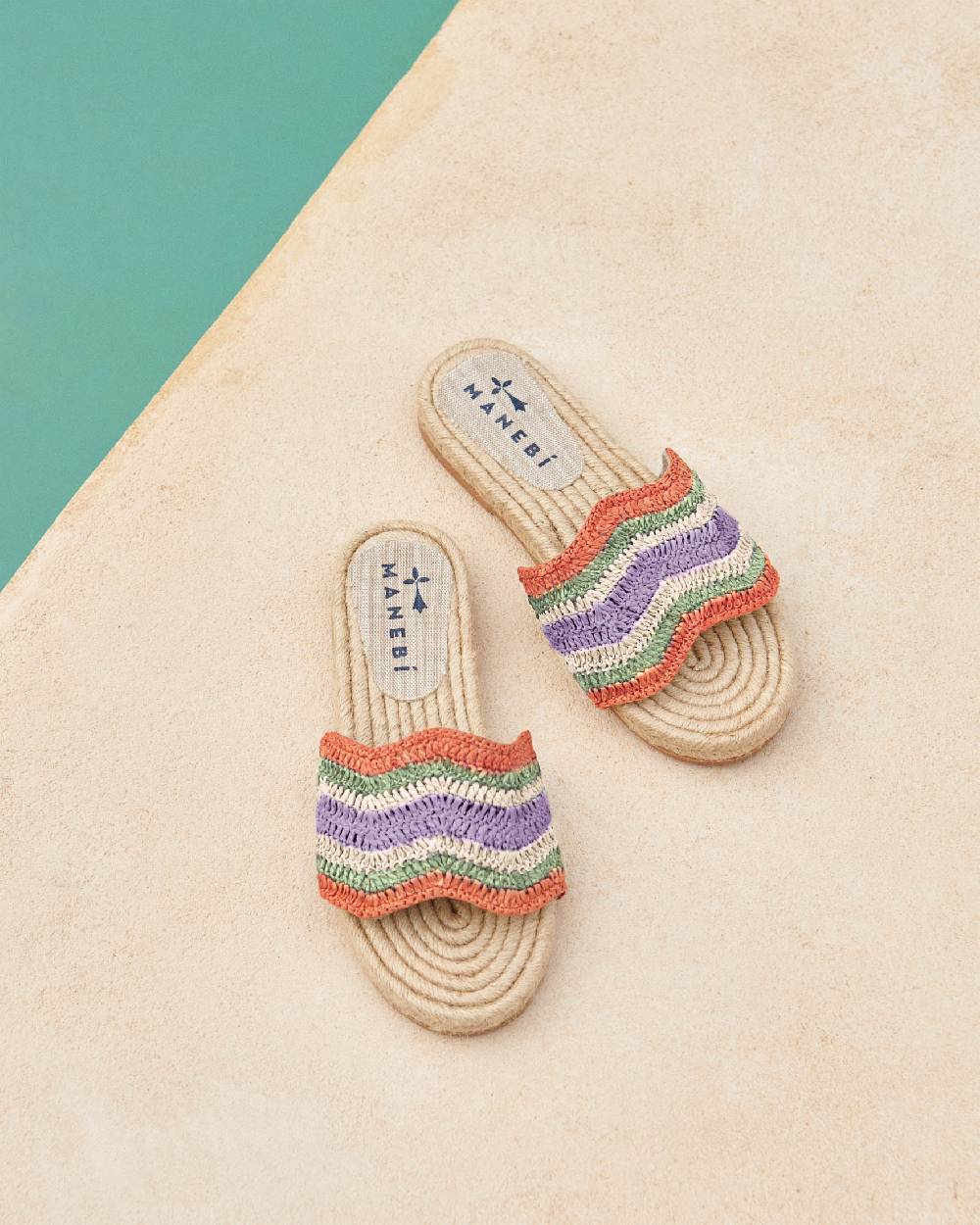 Manebí Raffia Crochet Jute Sandals - Yucatán Sage And Orange Rust Stripes