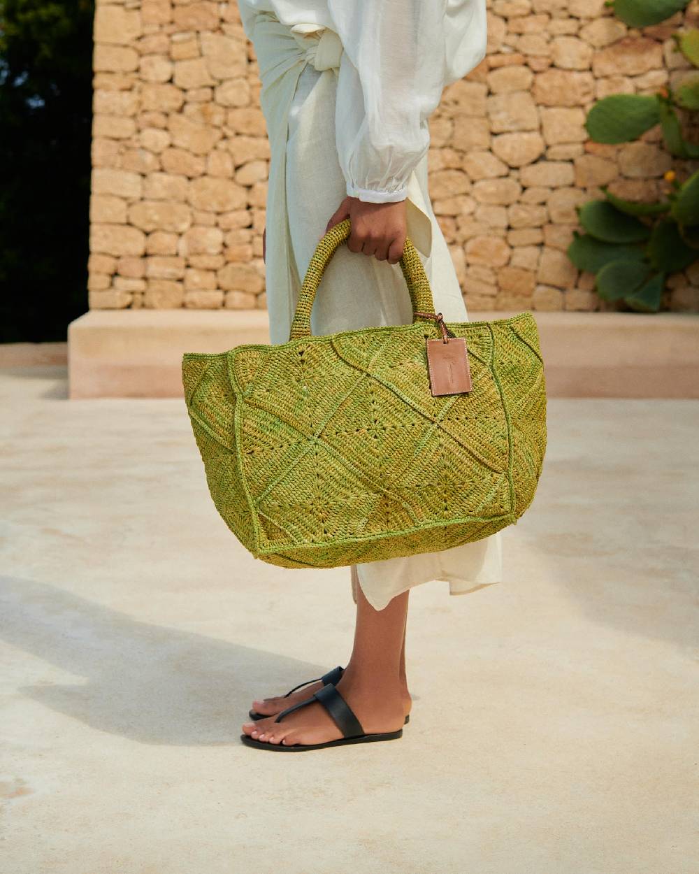 Manebí Raffia Crochet Sunset Bag Large - Leather Tag Kaki