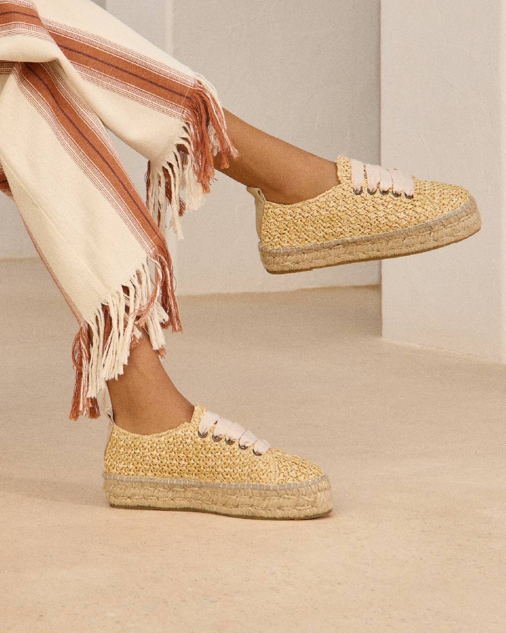 Manebí Raffia Lace-Up Espadrilles - Pink, Light Blue \u0026 Pastel Rose Laces Raffia Net