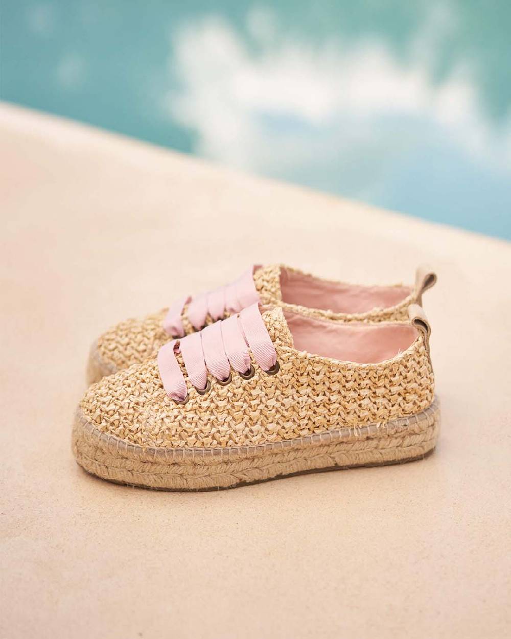 Manebí Raffia Lace-Up Espadrilles - Pink, Light Blue \u0026 Pastel Rose Laces Raffia Net
