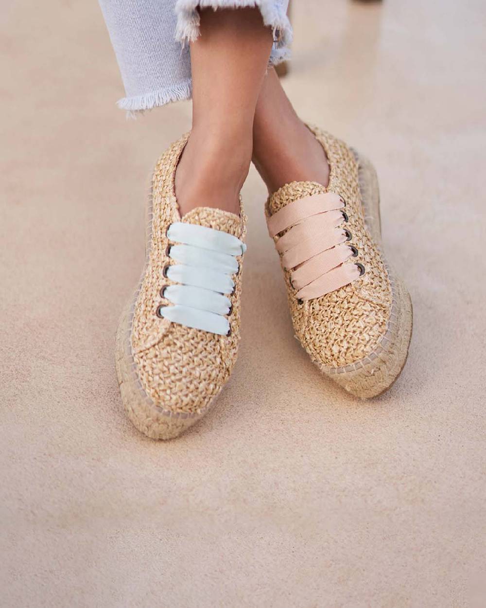 Manebí Raffia Lace-Up Espadrilles - Pink, Light Blue \u0026 Pastel Rose Laces Raffia Net