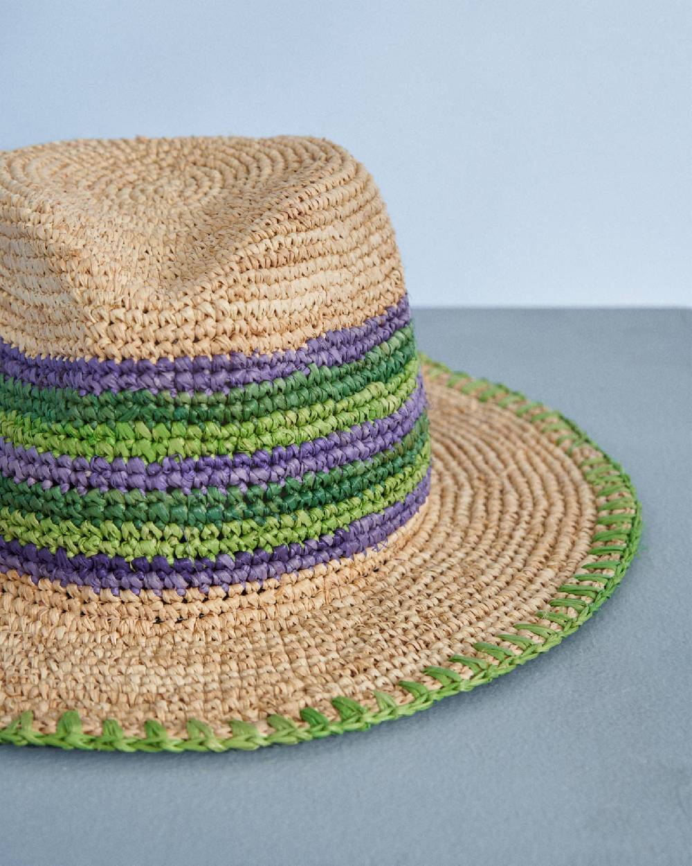 Manebí Raffia Panama Hat - Striped Tan, Summer Purple and Vitamin Green