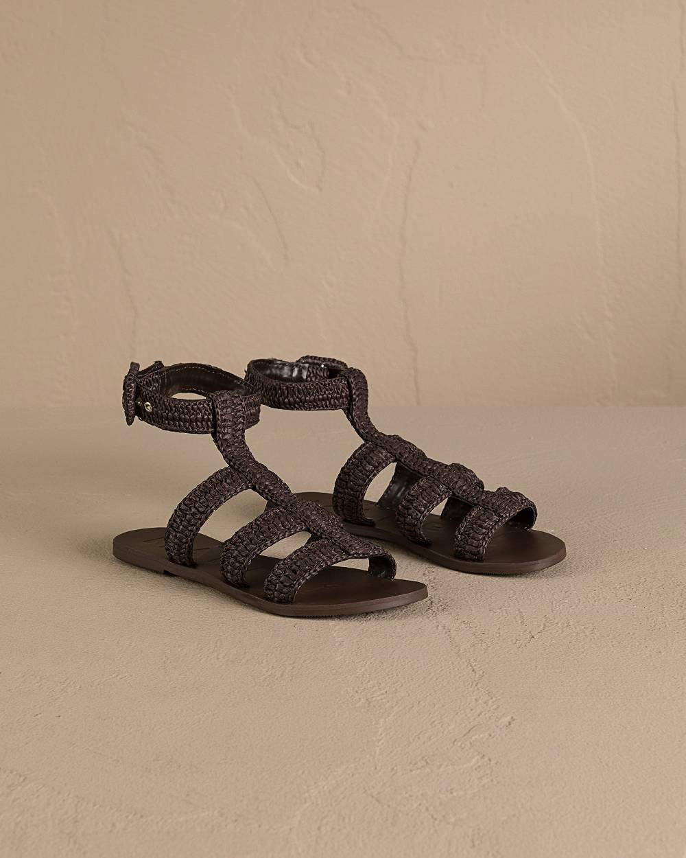 Manebí Raffia Stripes Gladiator|Leather Sandals - Cocoa