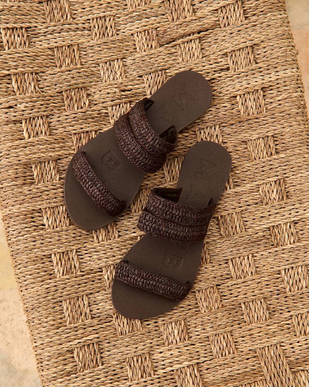 Manebí Raffia Stripes Leather|Three Bands Sandals - Cocoa