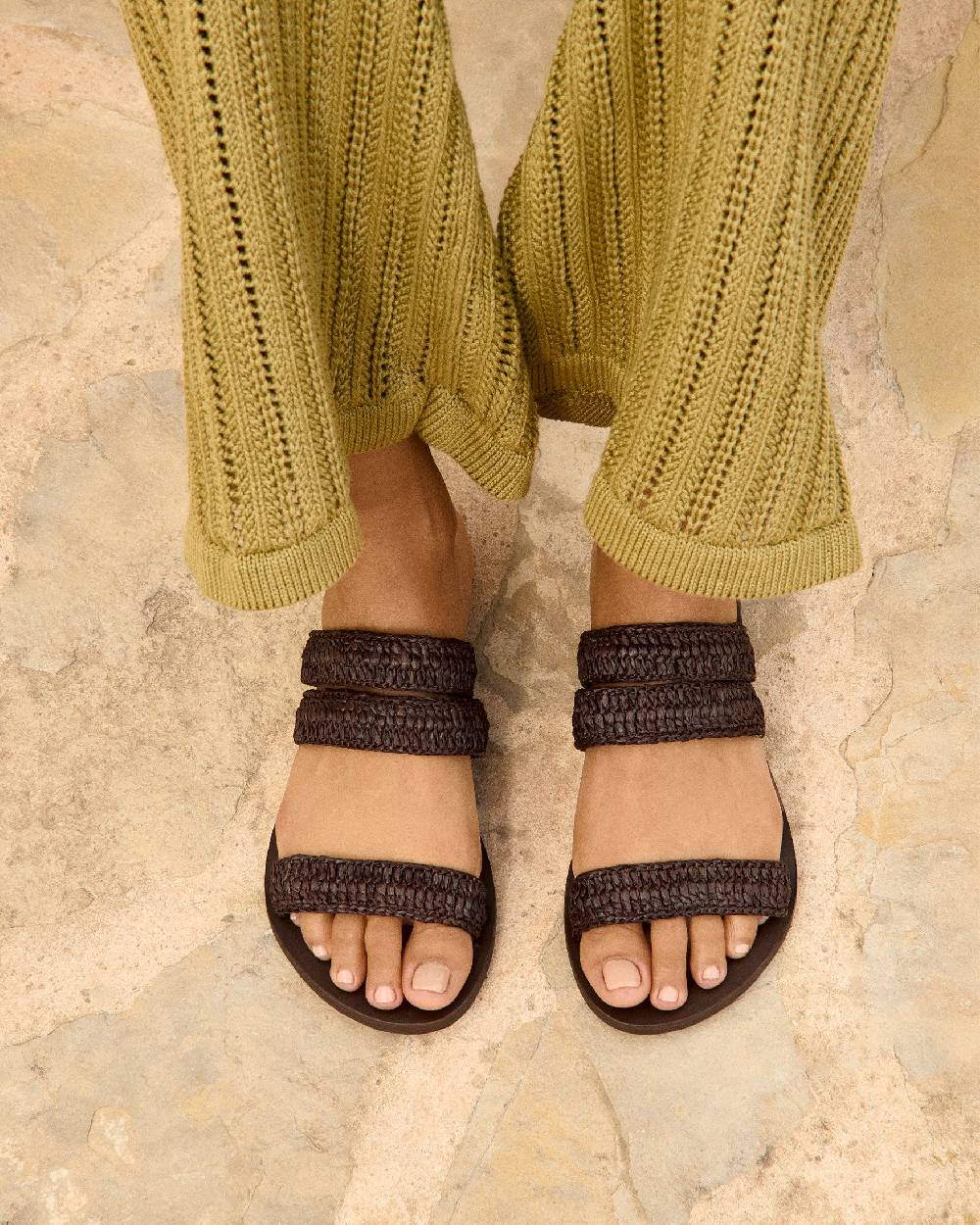 Manebí Raffia Stripes Leather|Three Bands Sandals - Cocoa