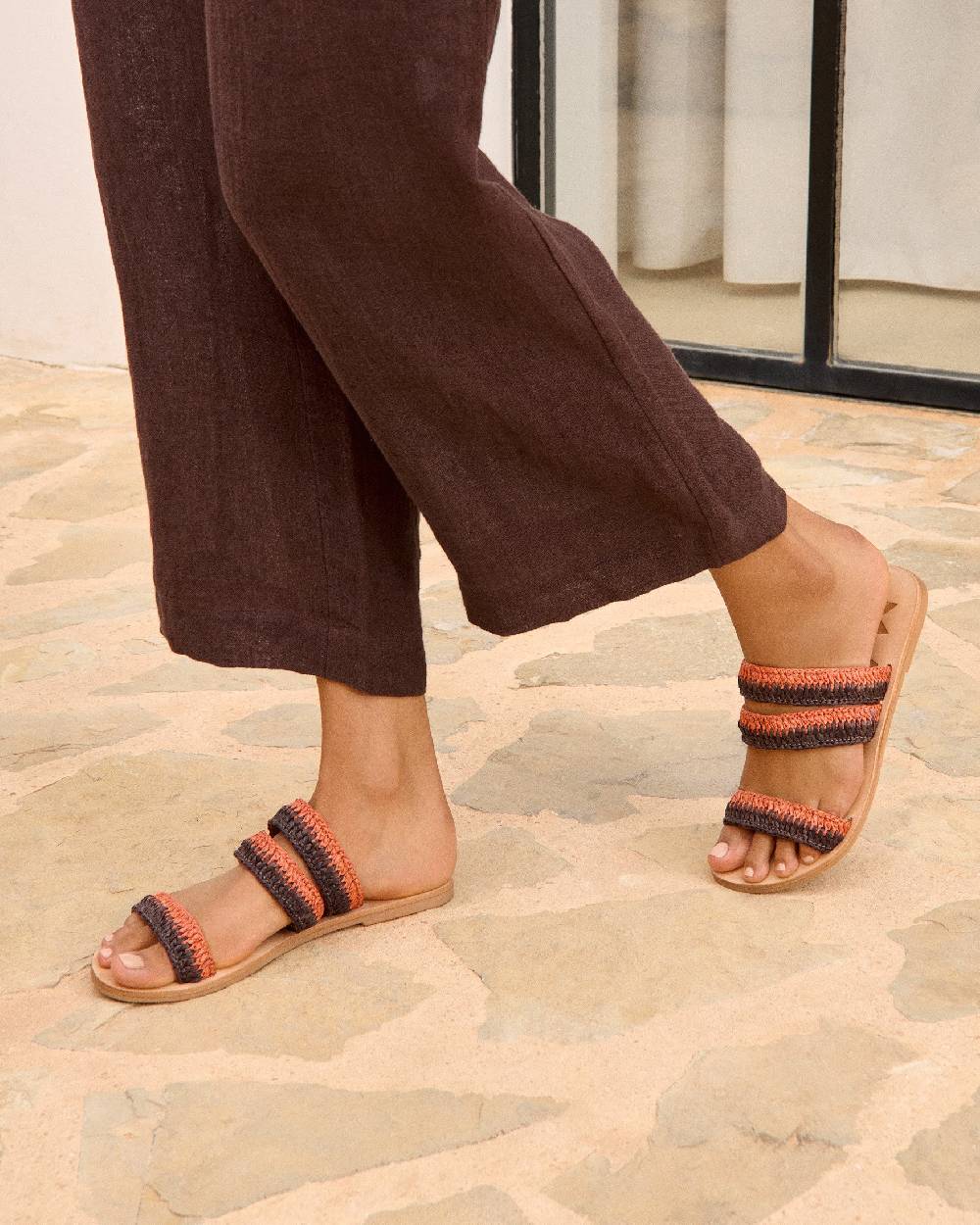 Manebí Raffia Stripes Leather|Three Bands Sandals - Orange Rust \u0026 Cocoa