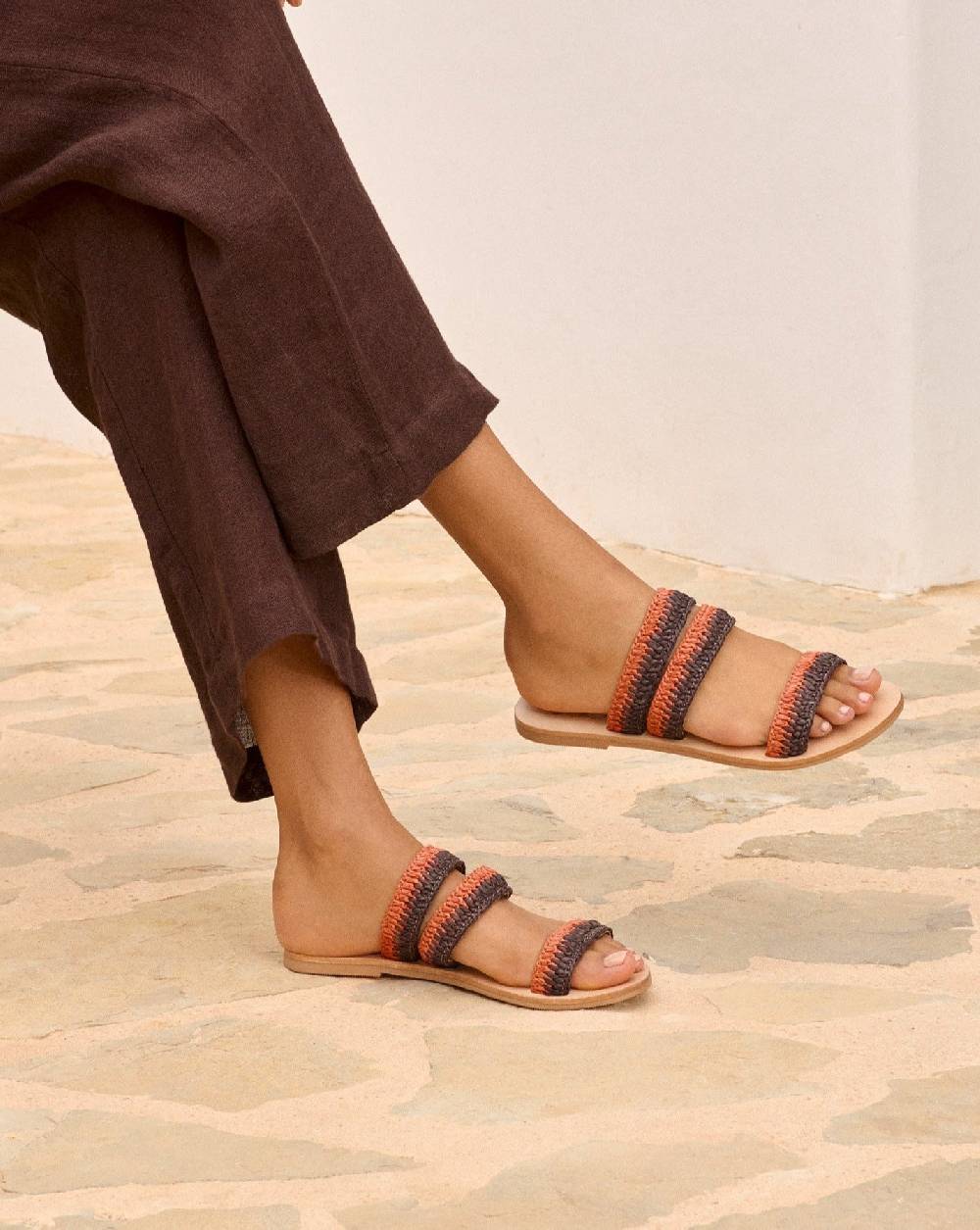Manebí Raffia Stripes Leather|Three Bands Sandals - Orange Rust \u0026 Cocoa