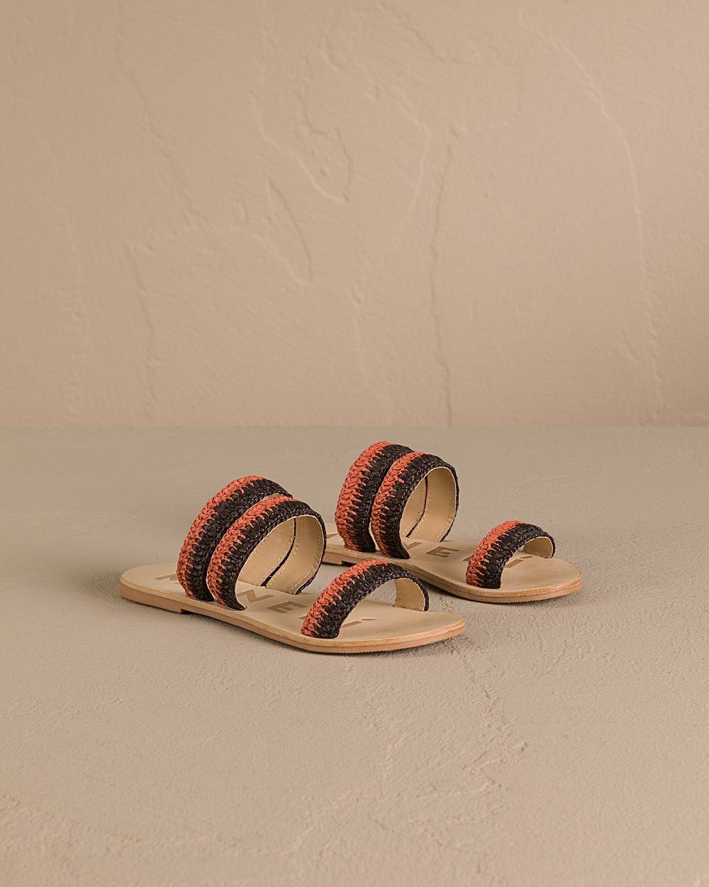 Manebí Raffia Stripes Leather|Three Bands Sandals - Orange Rust \u0026 Cocoa