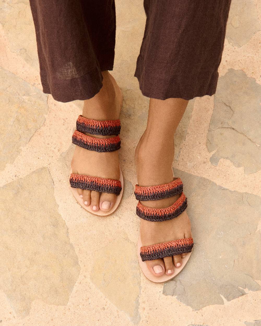 Manebí Raffia Stripes Leather|Three Bands Sandals - Orange Rust \u0026 Cocoa