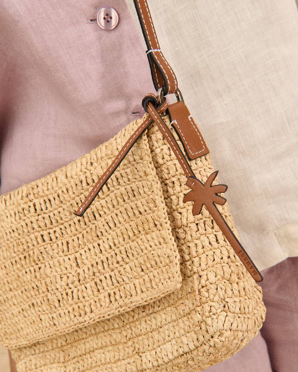 Manebí Raffia Summer Night Bag Medium - Leather Handle \u0026 Palm Leather Tag Natural And Brown
