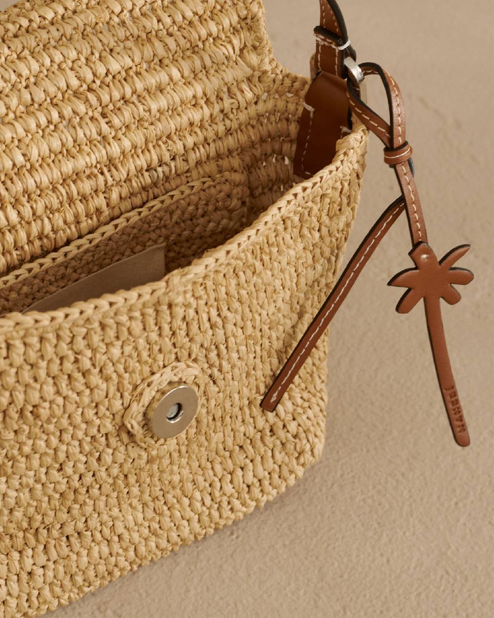 Manebí Raffia Summer Night Bag Medium - Leather Handle \u0026 Palm Leather Tag Natural And Brown